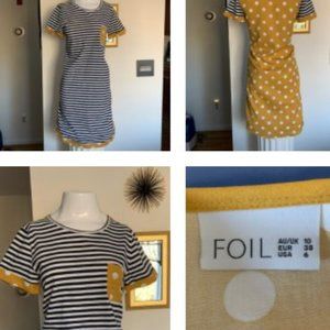 FOIL -Dress, gold & cream polka dot in back, navy/cream stripe in front size 6